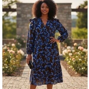 A New Day Womens Dress XXL Brown Blue Floral Shift Ruffle V Peasant Boho Classic
